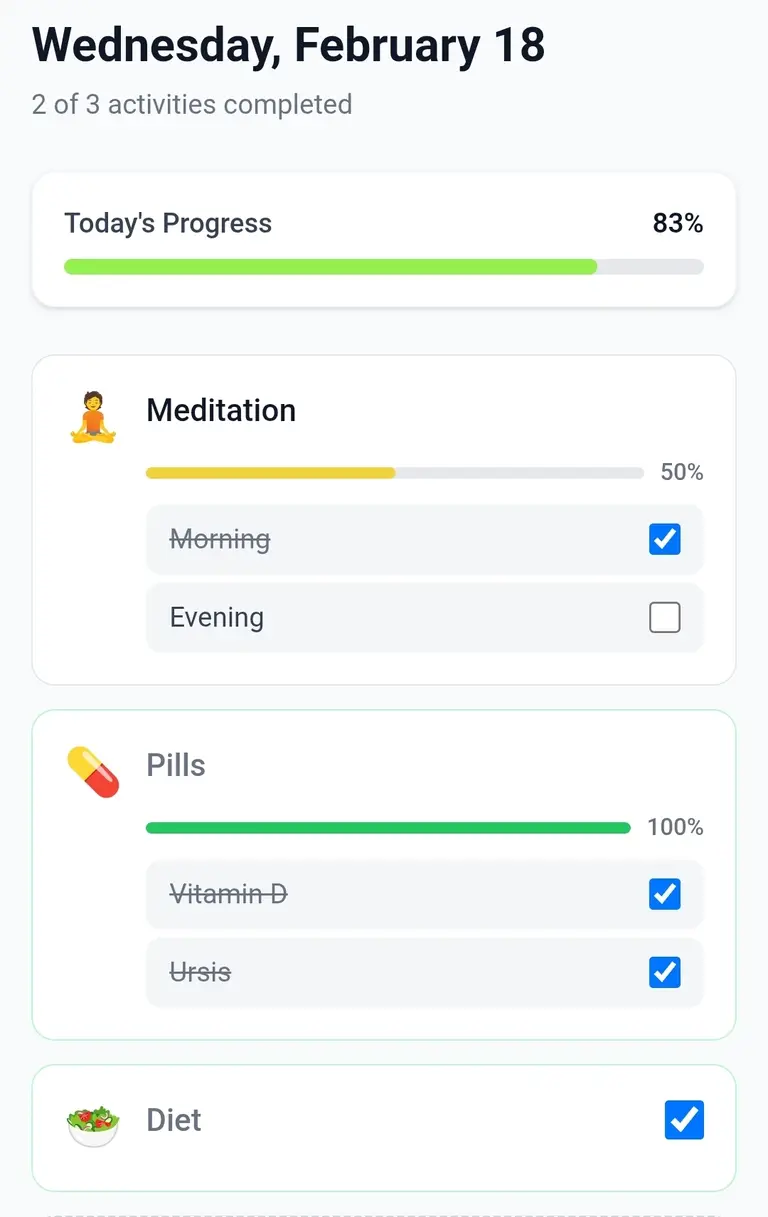 Daily checklist view with habits to complete today